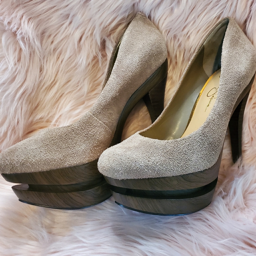 Jessica Simpson Tan Suede Carved Heel Pumps 7